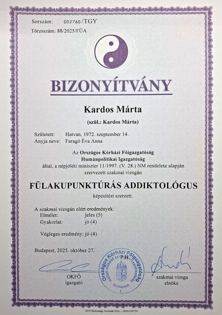 Kardos Márta - Fülakupunktúrás Addiktológus bizonyítvány