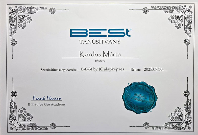 Kardos Márta B-E-St bioáram kezelő tanúsítvány