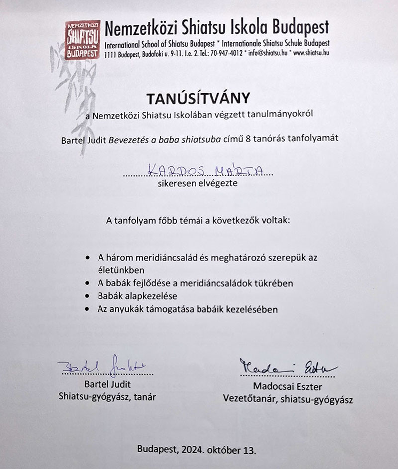 Kardos Márta Baba Shiatsu tanusítvány