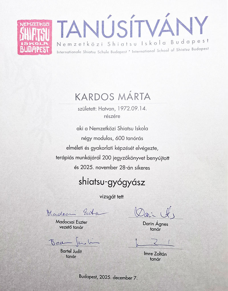 Kardos Márta Shiatsu tanúsítvány